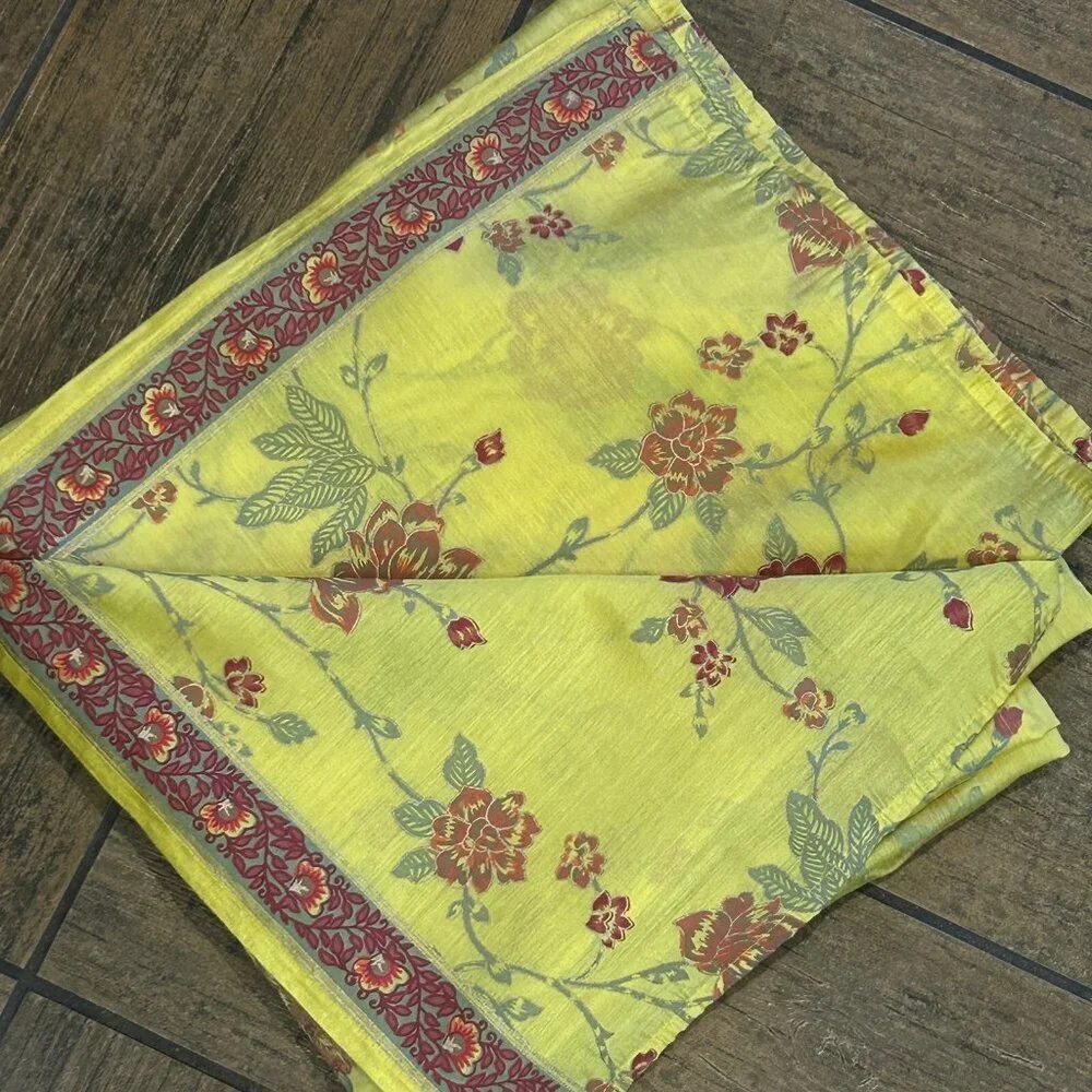 Melange Ethnic Indian Block Print Gold Floral Semi Sheer Tablecloth 95